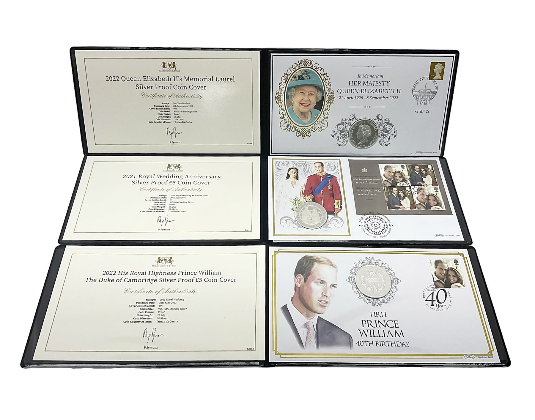 Three Queen Elizabeth II Tristan da Cunha silver proof coin covers, comprising 2021 'Royal Wedding Anniversary', 2022 'Queen Elizabeth II's Memorial Laurel' and 2022 'His Royal Highness Prince William The Duke of Cambridge', all in Harrington and Byrne folders