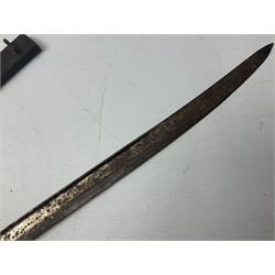 French 1866 pattern sabre bayonet with 57cm fullered steel curving blade dated 1875, in steel scabbard L71cm overall