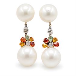 Pair of 14ct white and yellow gold South Sea pearl, diamond and sapphire pendant earrings,...