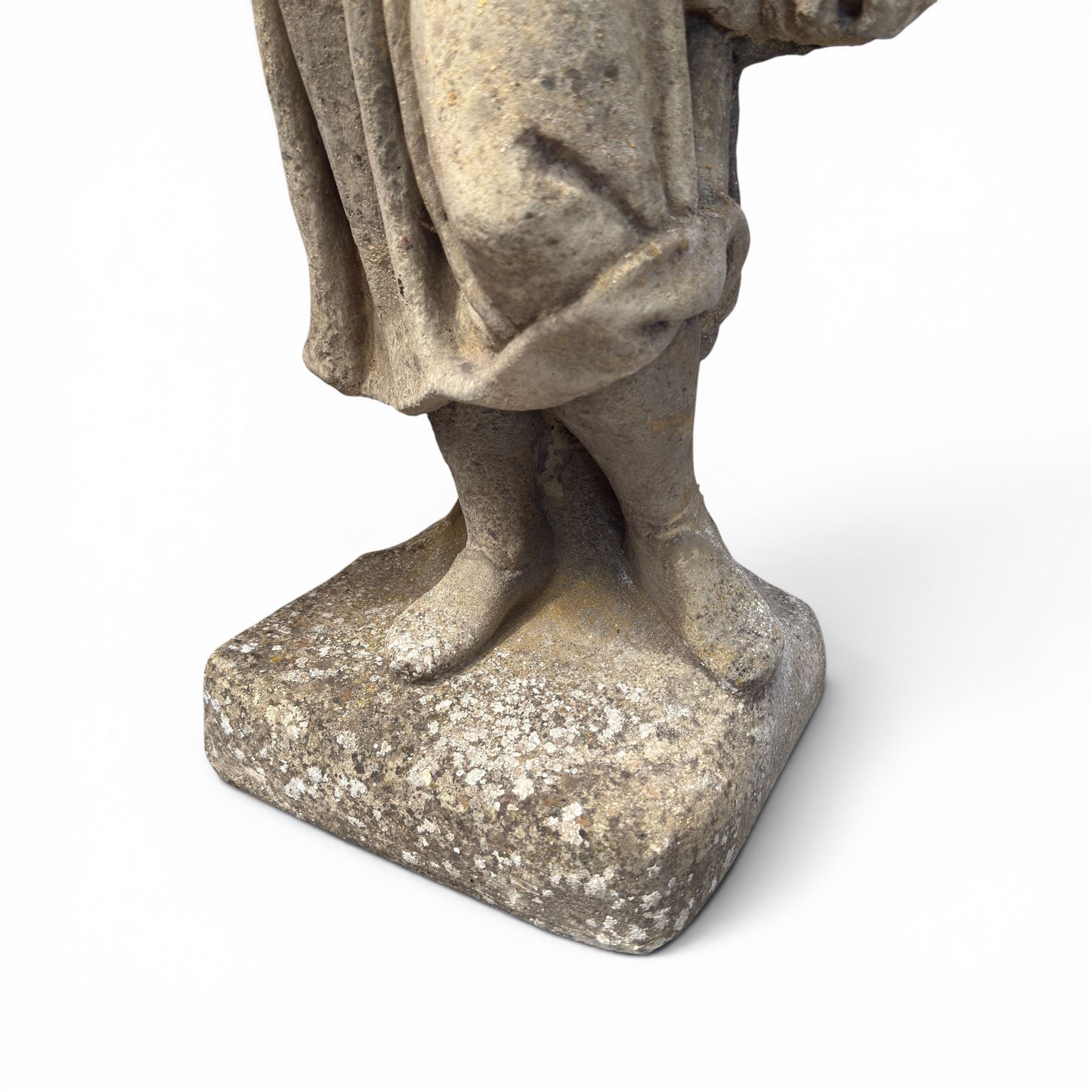 Lucas Stone - pair of cast stone garden figures, modelled as young female figures holding wheat sheafs and baskets of flowers, each on square bases, weathered finish, makers mark stamped to base