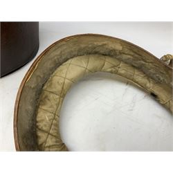 Early 20th century black silk top hat by Woodrow of Manchester and London, with manufacturer's stamp to the silk lined interior, housed in fitted tan leather hat box with removable internal compartments with straps, brass escutcheon and engraved plaque, hat internal measurements approx 20cm x 15cm