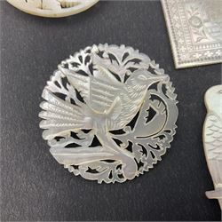 Two silver fruit knives with mother of pearl handles, hallmarked, mother of pearl tokens and similar items 