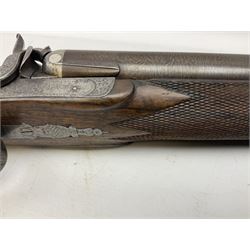 19th century John Jefferson of Scarborough 6-bore (modern 4-bore) double barrel side-by-side percussion gun, with 81cm stub twist damascus barrels (no provision for ramrod), well figured walnut stock with fine chequered grip and fore-end with horn tip and steel butt plate with long tang, well engraved lock and hammers with half-cock safeties on both sides, barrel sling swivel but rear sling swivel removed and replaced with silver escutcheon, London proofmarks, NVN, L128cm