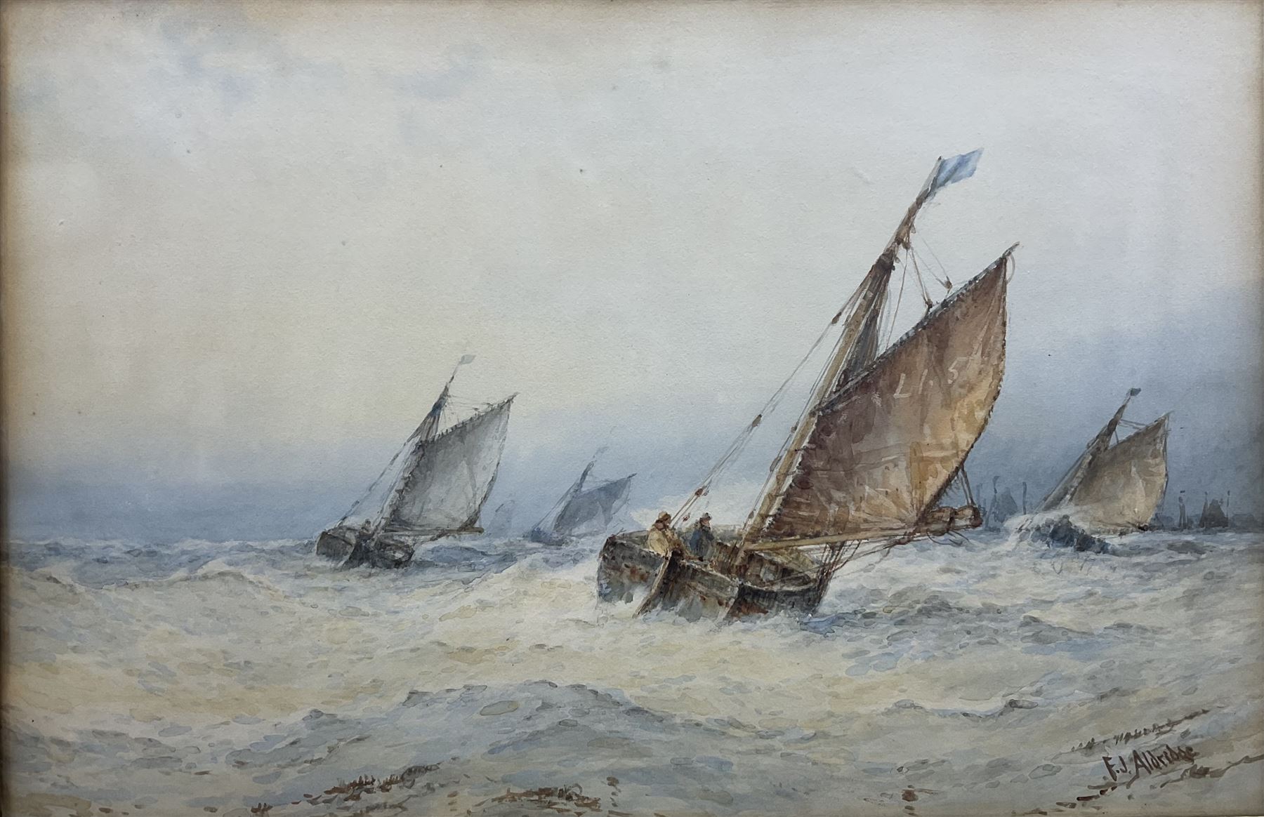 Frederick James Aldridge (British 1850-1933): ‘Crabbers Returning in a Squall’, watercolour signed, titled on frame 34cm x 52cm 
Provenance: private collection, purchased David Duggleby Ltd 23rd June 2017 Lot 18; exh. 32nd Dudley Gallery Art Society Exhibition 1896 no. 242, label verso