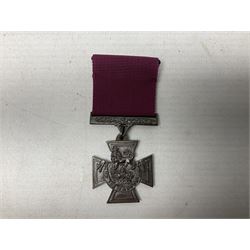 Victoria Cross, an official Hancocks & Co, London replica, the reverse engraved ‘Hancocks 70’, in fitted leather case of issue; Auctioneer's Note: The Victoria Cross was instituted on 29th January 1856, with the first awards backdated to 1854, and in the first 150 years of its existence was awarded on 1,355 occasions (1,352 Crosses and 3 Second Award Bars). To mark the 150th Anniversary, the London jewellers Hancocks, who have manufactured every Victoria Cross ever awarded, issued a limited edition replica, the replicas all individually numbered on the reverse, with the edition limited to 1,352 replica crosses.