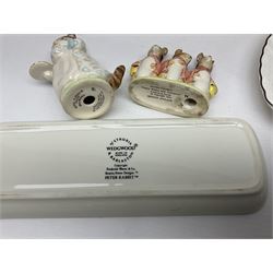 Collection of ceramics including Wedgwood Hunting Scenes clock, trinket box and other items, Coalport Karen and Beatrix potter figures and dish 