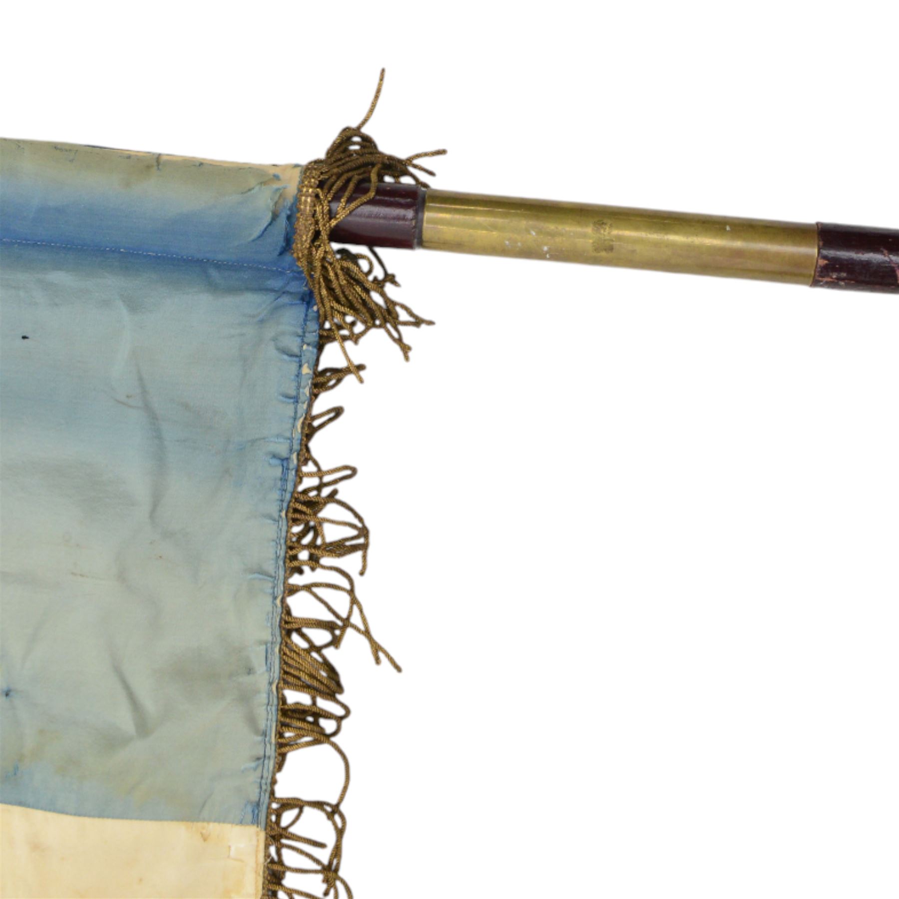 French Reserve of Non-commissioned officers association banner, in blue red and white silk with inscription 'Union Regional Des Sous-Officers De Reserve 17e Region' with bullion fringe borders, wood and brass pole with spearhead finial, L210cm
