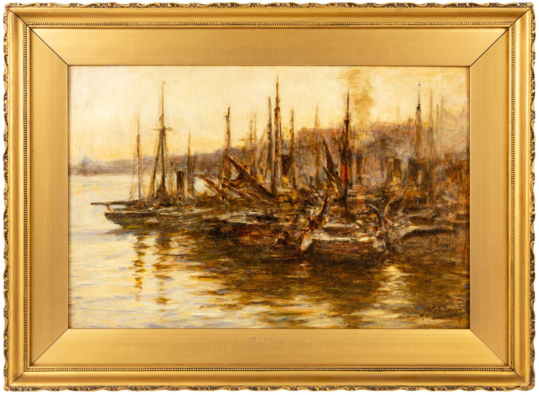 Robert Jobling (Staithes Group 1841-1923): Boats Moored on the Tyne, oil on canvas signed 34cm x 52cm