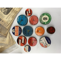 Brass and tin powder magazine by B.E. Chaplin of conical form with glazed see-through nozzle H27cm; eight reprinted gun case labels for Holland & Holland, Thomas Jackson & Son, William Ling, Watson & Hancock, Williams & Powell etc; and quantity of empty cartridge boxes and pellet tins