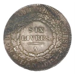 France 1793 silver ecu de six livres, approximately 29.4 grams