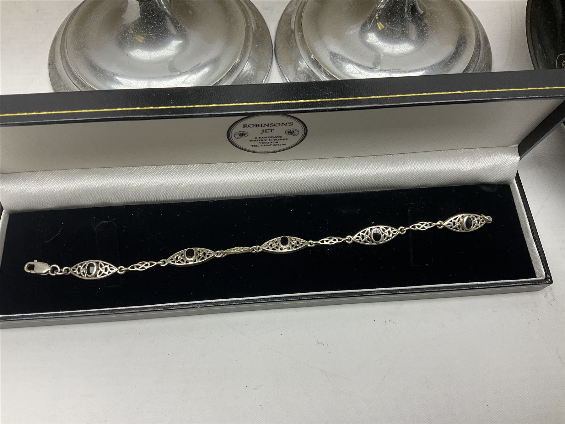 Silver Whitby jet bracelet, Parker Duofold fountain pen with 14ct gold nib, pair of chrome Art deco style candlesticks, wristwatches, costume jewellery and other collectables