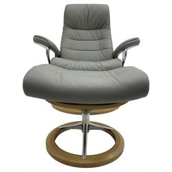 Stressless by Ekornes - 'Large Opal Siganture' reclining armchair with matching footstool, upholstered in stitched grey leather