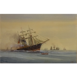  The sinking of CSS 'Albama' by Kearsarge 1864, 19th century watercolour signed J. Hall 35cm x 54.5cm  Notes: Albama launched in 1862, for the Confederate States Navy at Birkenhead by John Laird Sons. Served as a successful commerce raider   