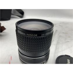 Nikon F3 SLR camera, serial number 1583609; Nikon 50mm 1:1.8 lens; Nikon 28-85mm 1:3.5-4.5 zoom lens; Vivitar MC 2X-3 Tele Converter, and a Nikon Speedlight SB-16 flash