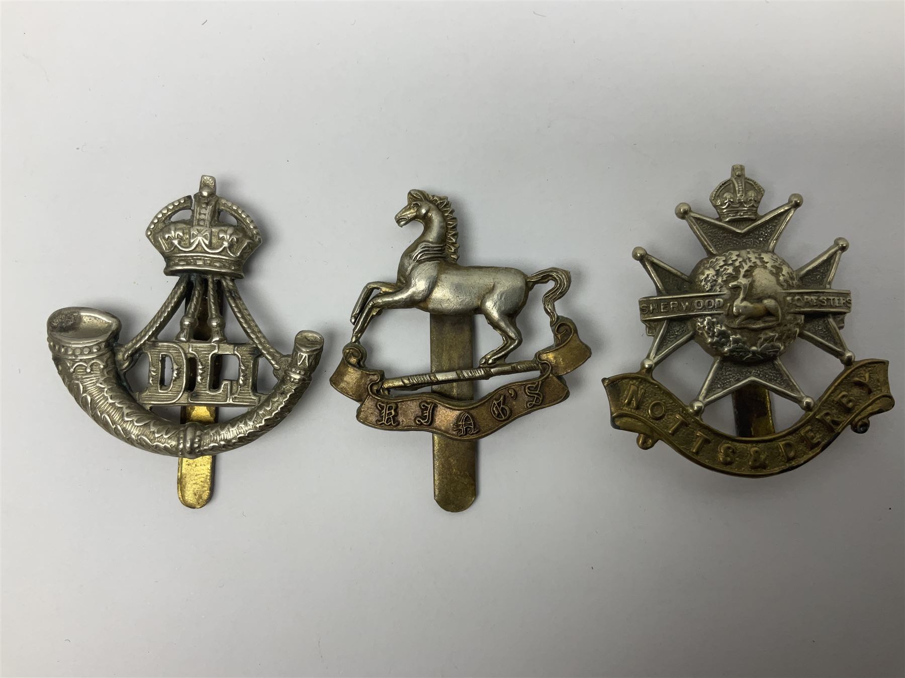 Twenty cap badges including Hertfordshire, Royal Sussex, Cambridgeshire, Hampshire, Notts and Derby, East Surrey, Herefordshire, South Lancashire, Devonshire, Bedfordshire, Durham Light Infantry etc (20)