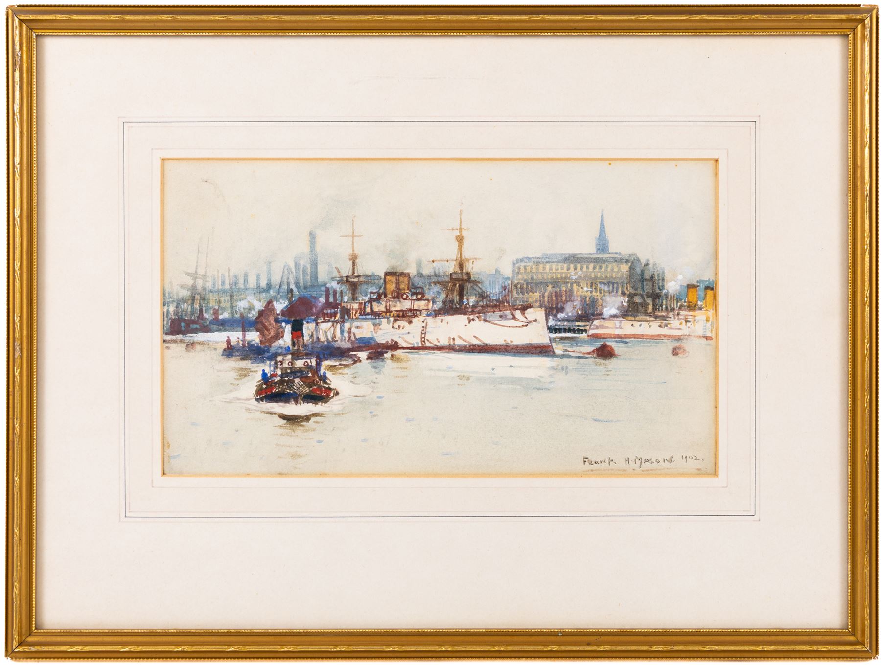 Frank Henry Mason (Staithes Group 1875-1965): Destroyer 'On the Tyne', watercolour signed and dated 1902, titled verso 15cm x 26.5cm 
Notes: later reproduced as a postcard by J J Longhurst, sold together with a framed example.