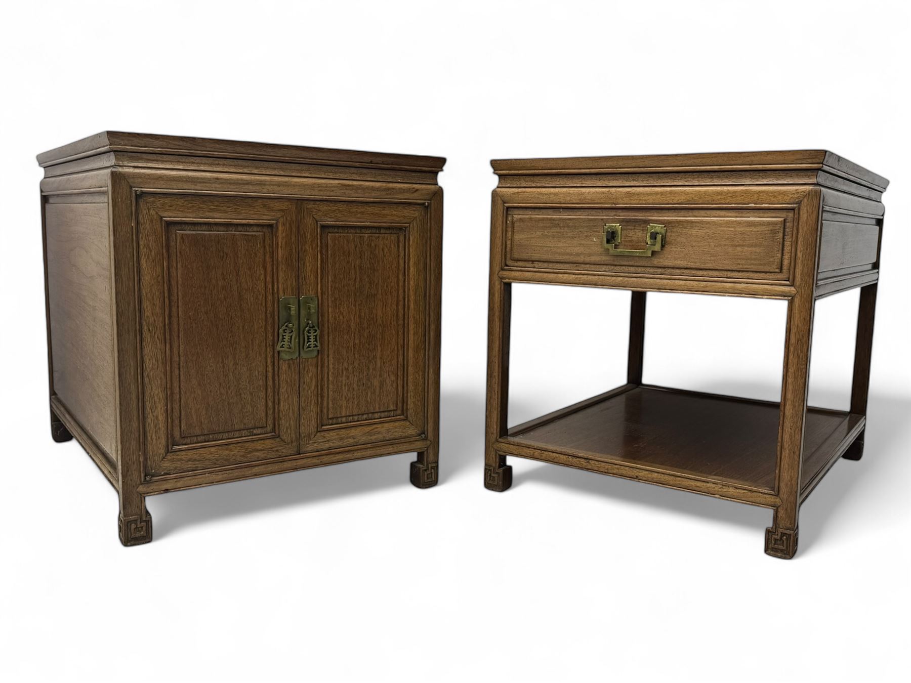 Chinese hardwood end table, rectangular form fitted with double cupboard, enclosed by panelled doors, on scroll carved supports (W51cm, H56cm, D66cm); Chinese hardwood end table, rectangular form fitted with single drawer over under tier (W51cm, H56cm, D66cm)
