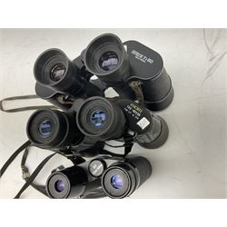 Eleven pairs of binoculars to include Lieberman & Gortz 20x65, Stem (USSR) 7x50, Helios 10x50 Field, Prinz 12x50, Tasco 8x40, Tasco 10x50, etc