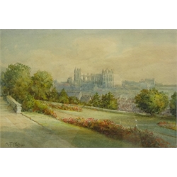 Alfred Thomas Fisher (British 1861-?): Whitby Abbey from Pannett Park, watercolour signed 16cm x 24cm