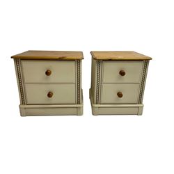 Pair pine and painted bedside chests, fitted with two drawers flanked by spiral turned uprights, in latte finish