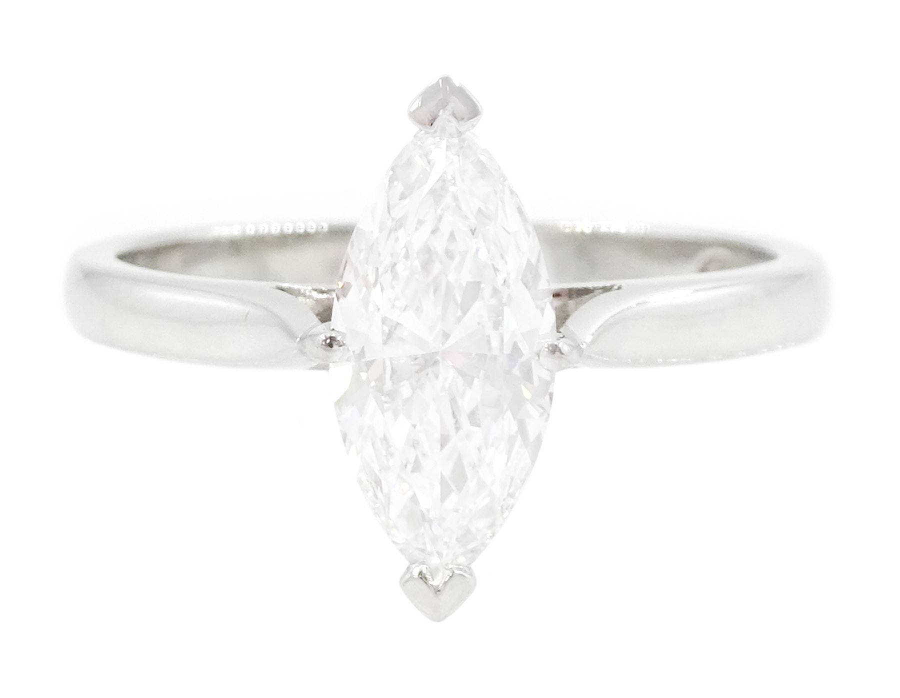 Platinum diamond ring, four claw set with a single marquise cut diamond of 1.01 carat, London 2014, with GIA report
