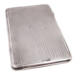 1930s silver cigarette case, of rectangular form with rounded corners, decorated with engine turned and geometric detail, opening to reveal personal engraving, hallmarked Sampson Mordan & Co, London 1933, H12.5cm