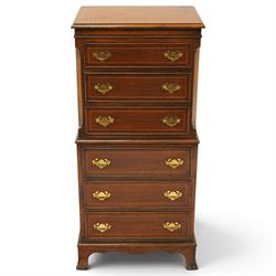 Georgian design mahogany chest-on-chest, fitted with six graduating cock-beaded drawers with satinwood stringing, on bracket feet