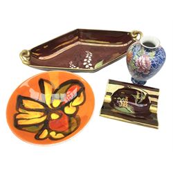 Shelley Cloisonne pattern vase, Carlton Ware Rouge Royal pattern twin handed dish and ash tray decorated with pagoda and Poole Delphis shallow bowl with geometric decoration on orange ground, largest L28cm