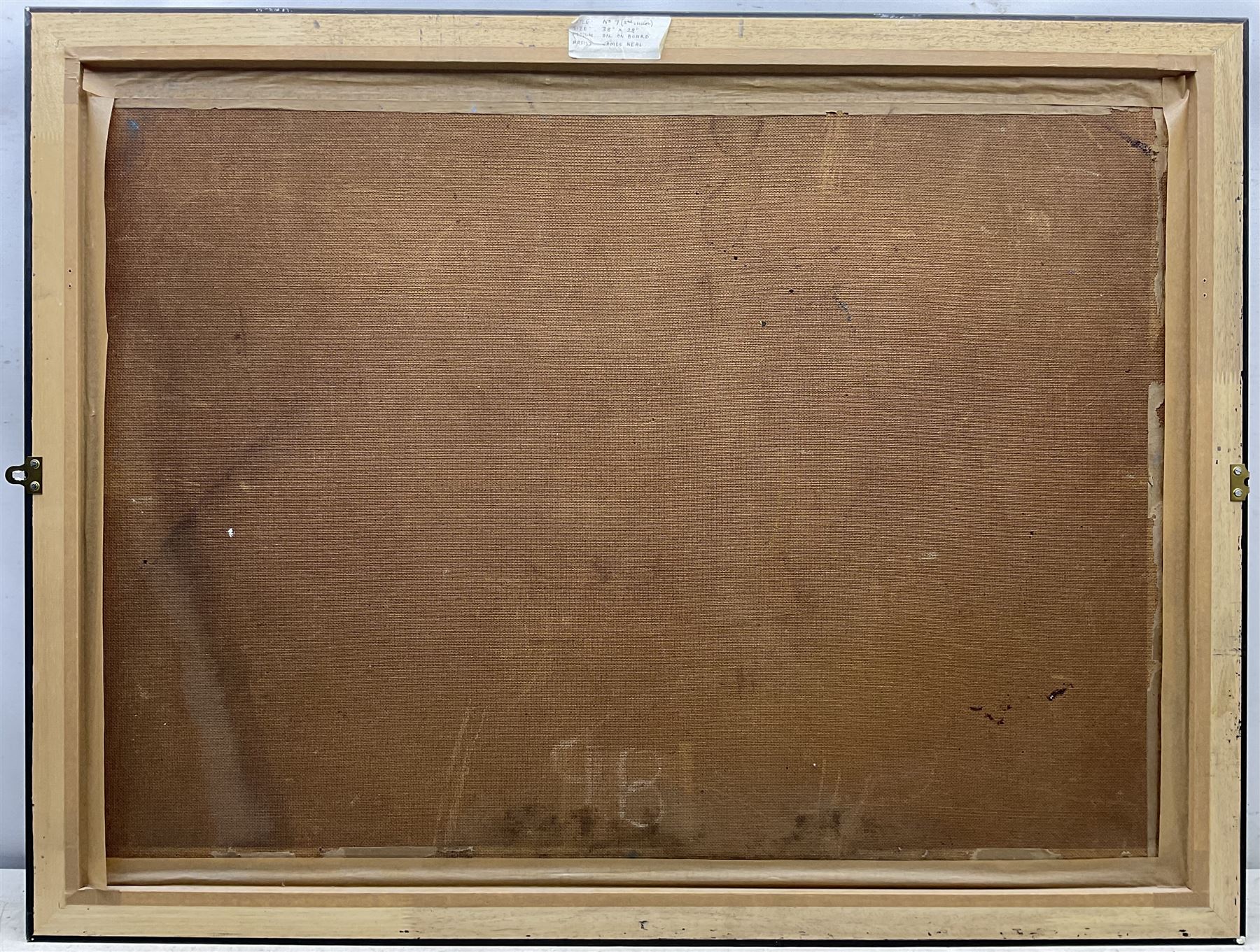 James Neal (Northern British 1918-2011): 'No. 7 (Second Version)' - Warehouses, oil on board signed, titled on label verso  68cm x 73cm 
Provenance: from The Bell Hotel, Driffield