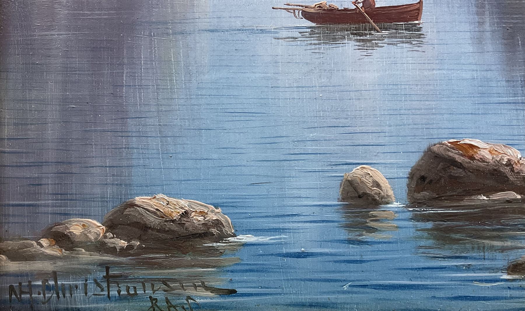 Nils Hans Christiansen (Denmark 1850-1922): Day and Eventide on the Fjords, pair oils on board signed 40cm x 22cm (2)