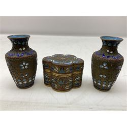 Two miniature cloisonné vases with blue, white and red enamelled decoration, H9cm, together with a lidded box 