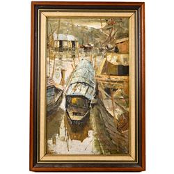 Le Minh (Vietnamese 1937-): Fishing Village with Moored Boats, oil on canvas signed and dated '69, 49cm x 29.5cm