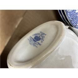 Large collection of blue and white ceramics, to include Spode Italian pattern with blue mark, Wood and Sons Yuan, pickle dish, Delft style etc, dinner plates, tea wares, bowls etc in six boxes