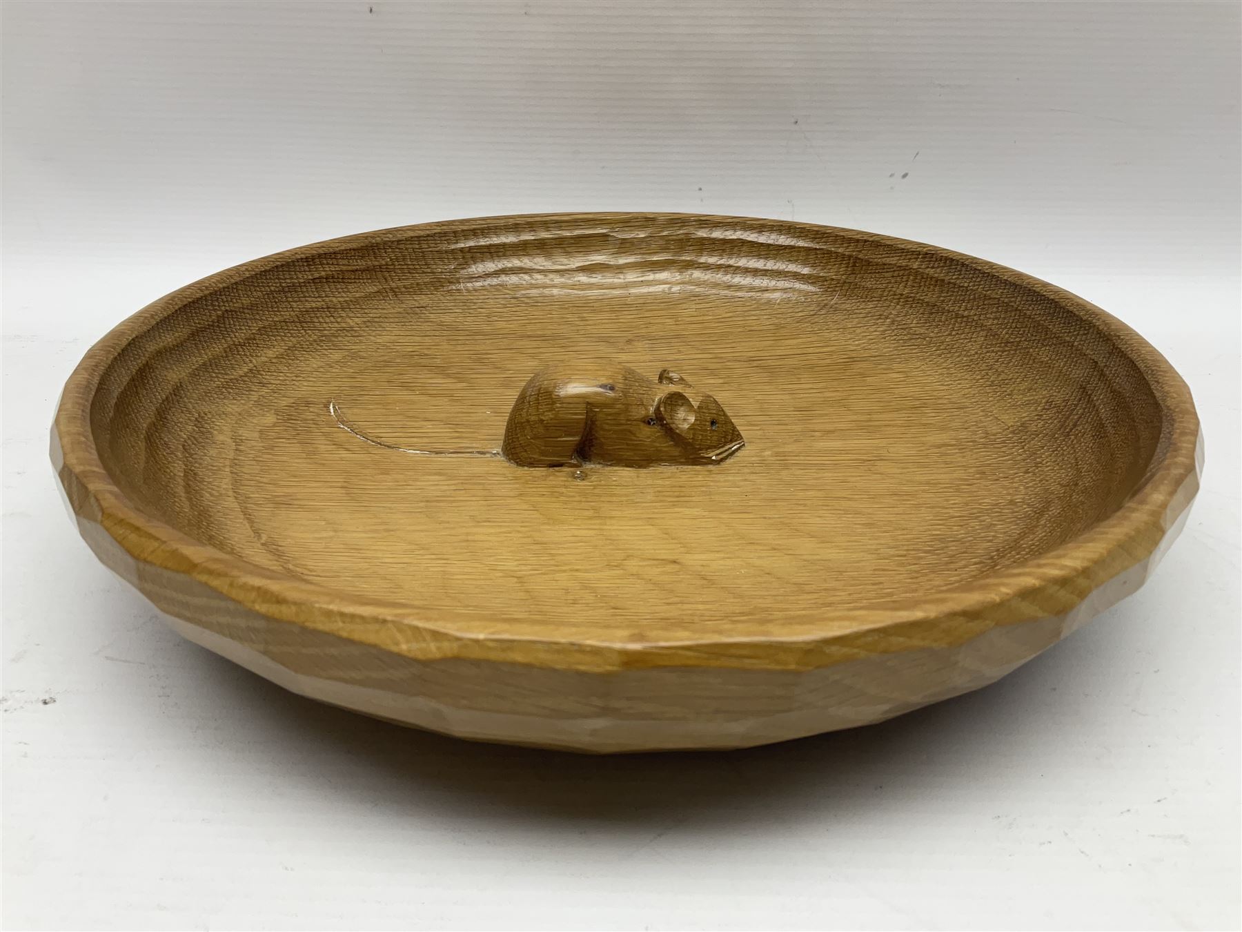 Mouseman - tooled oak fruit bowl, carved with oversized mouse signature, by the workshop of Robert Thompson, Kilburn 