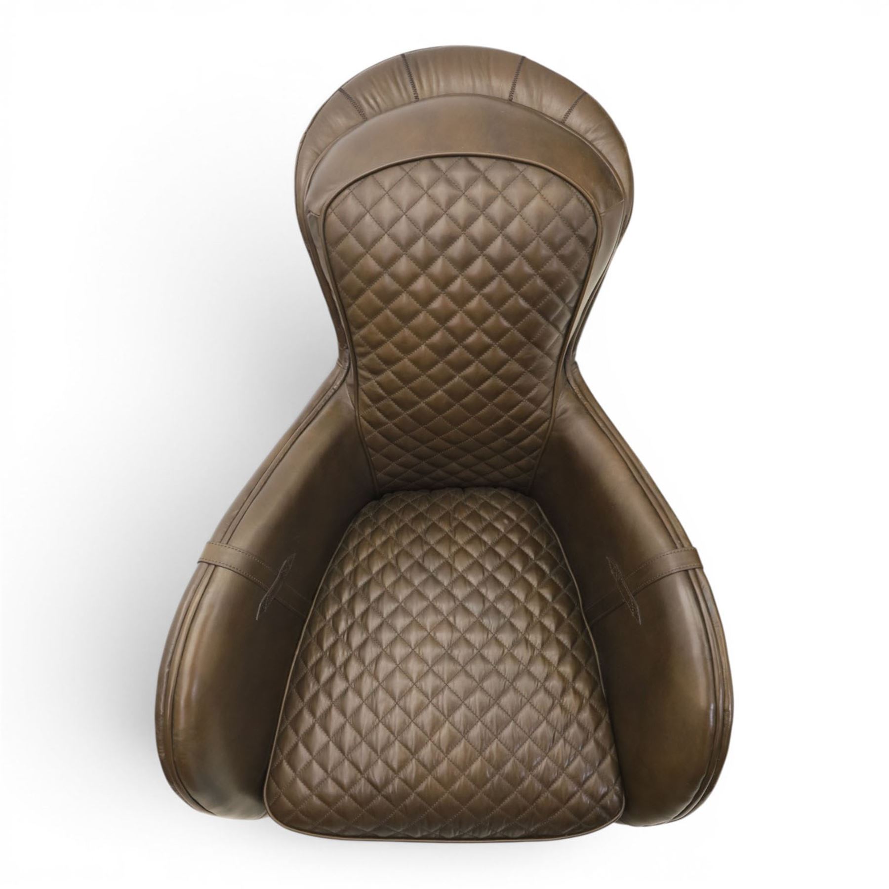 Timothy Oulton - saddle chair and stool upholstered in chocolate brown leather, with reclined back with diamond quilted cushions, stirrups upholstered to the sides  