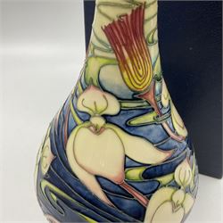 Moorcroft vase, of bottle form, decorated in the Orchid Arabesque pattern by Emma Bossons, circa 2002, H31.5cm, with original box 