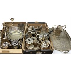 Collection of silver plate and other metalware to include teapots, coffee pots toast rack, candlesticks, jewellery etc, in two boxes