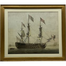 Attrib. Robert Pollard (British 1755-1838): British Man of War at Anchor, watercolour unsigned c1800, 39cm x 48cm
Provenance: Turnerdale Hall, Ruswarp, Whitby contents sale c1935 (at that time probably still in Harrowing ship owning family), purchased by the Smales Family of Sleights, Whitby remaining in the same family ownership