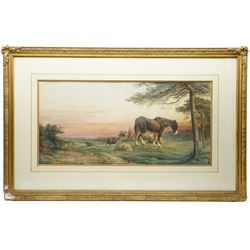 William Henry Pigott (British 1810-1901): Horse Grazing with Seated Sheep, watercolour signed 41cm x 85cm