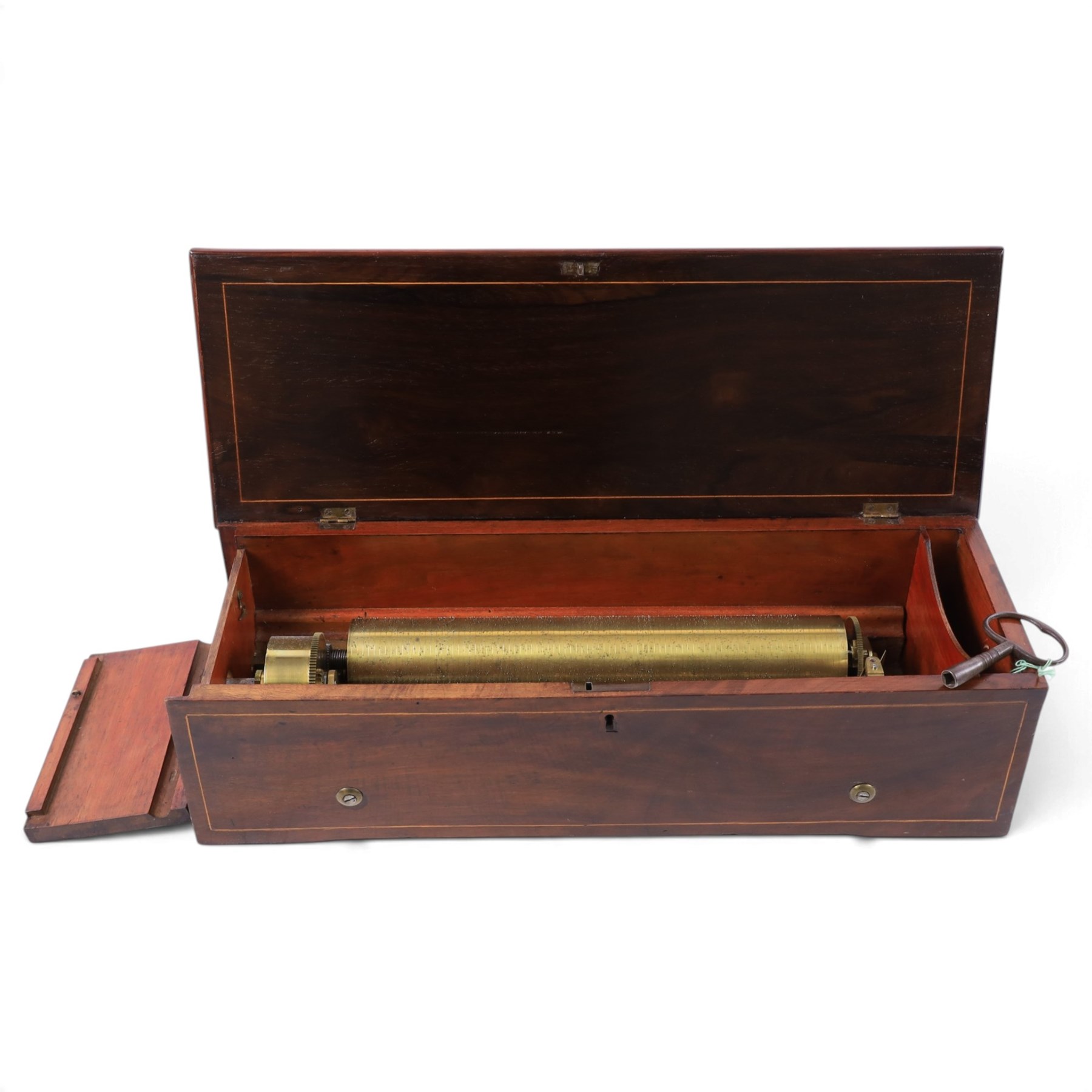 19th century Swiss rosewood music box, with boxwood foliate inlaid and strung rectangular top, with cylinder and comb movement stamped Henriot, Geneve, serial no. 14818, H13cm, W50cm