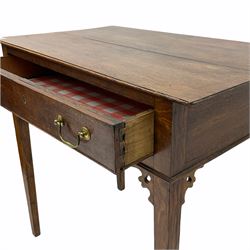 Georgian oak lowboy, moulded rectangular top over cockbeaded single drawer, square tapering supports with pierced corner brackets