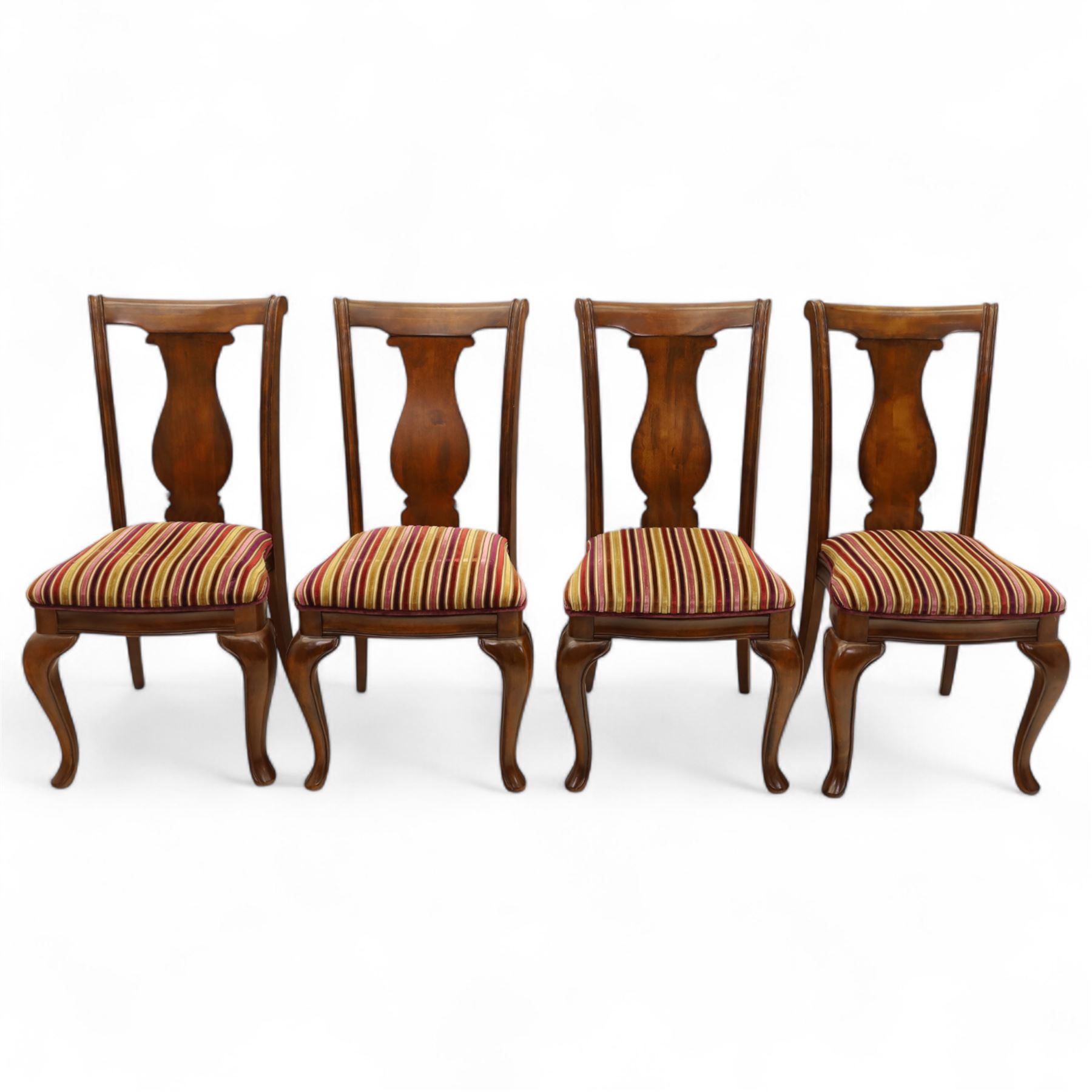 Willis & Gambier - mahogany extending dining table, rectangular top with rounded corners on cabriole legs, with two 35cm extension leaves, four Willis & Gambier upholstered high back chairs and four mahogany chairs, upholstered in a stripped multi-coloured velvet fabric, with scroll-shaped top rail, lyre-shaped back splat on cabriole legs, chairs W46xD91x97cm (11) 