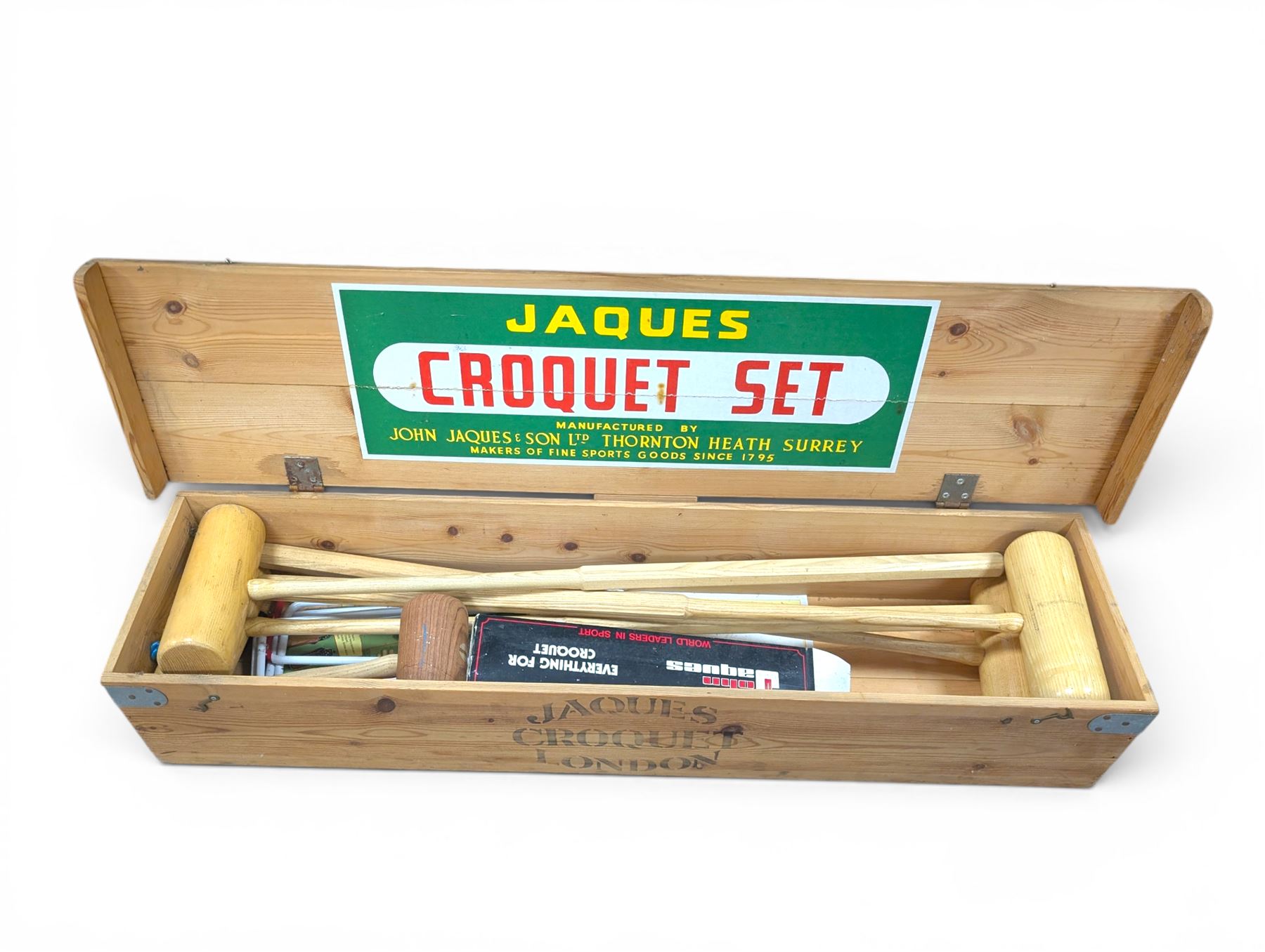 Jaques croquet set, with four mallets, stakes and balls in wooden carry case