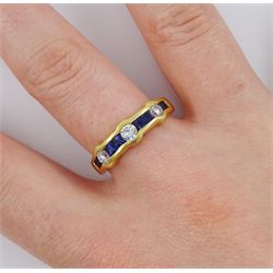 18ct gold round brilliant diamond and calibre cut sapphire half eternity ring, Sheffield 1996, total diamond weight approx 0.45 carat