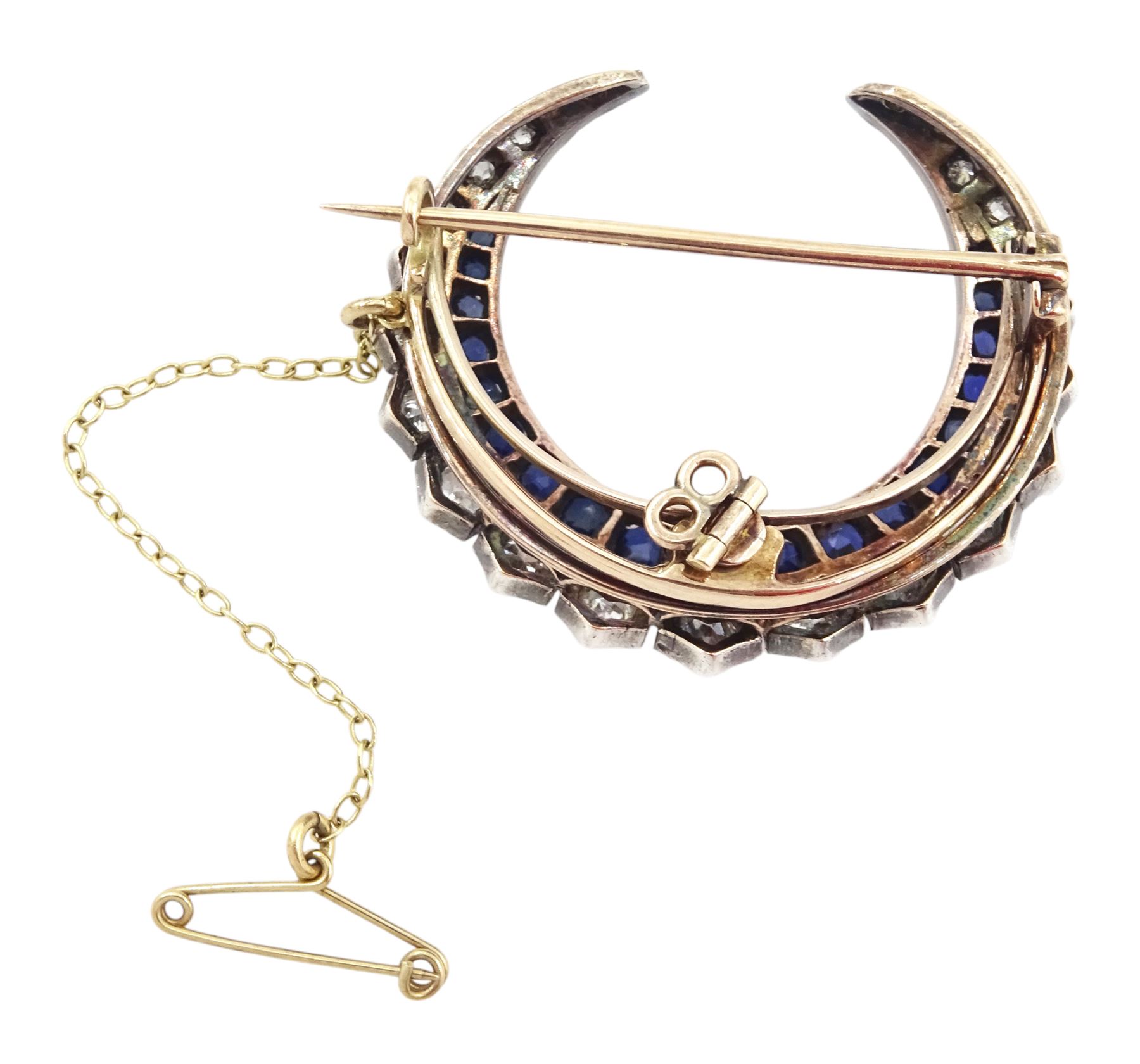 Victorian silver and gold old cut diamond and oval cut sapphire crescent, with detachable gold brooch setting, total diamond weight approx 1.80 carat