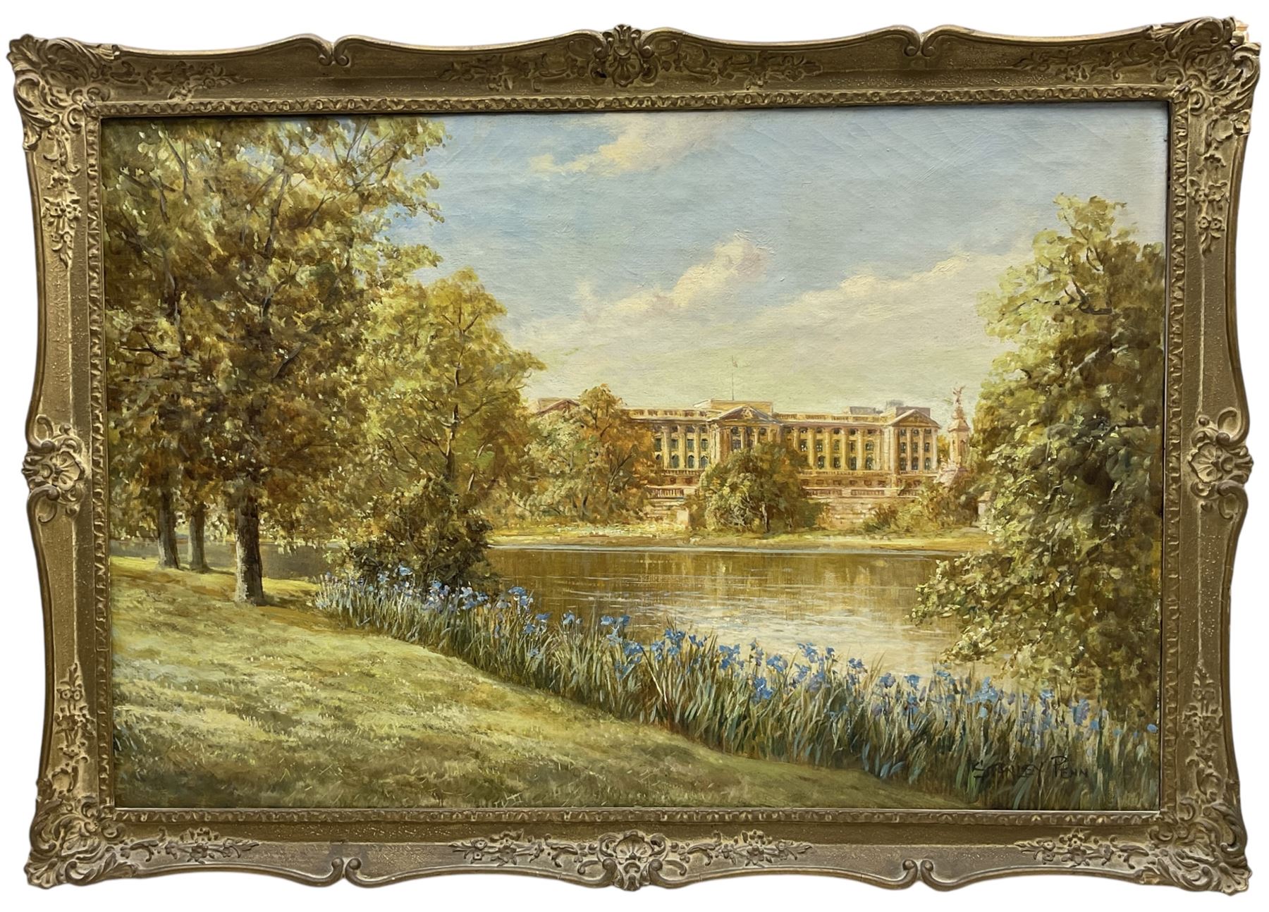 Stanley Penn (British Early 20th Century): 'Buckingham Palace from St James' Park', oil on canvas signed, titled on label verso 49.5cm x 75cm 