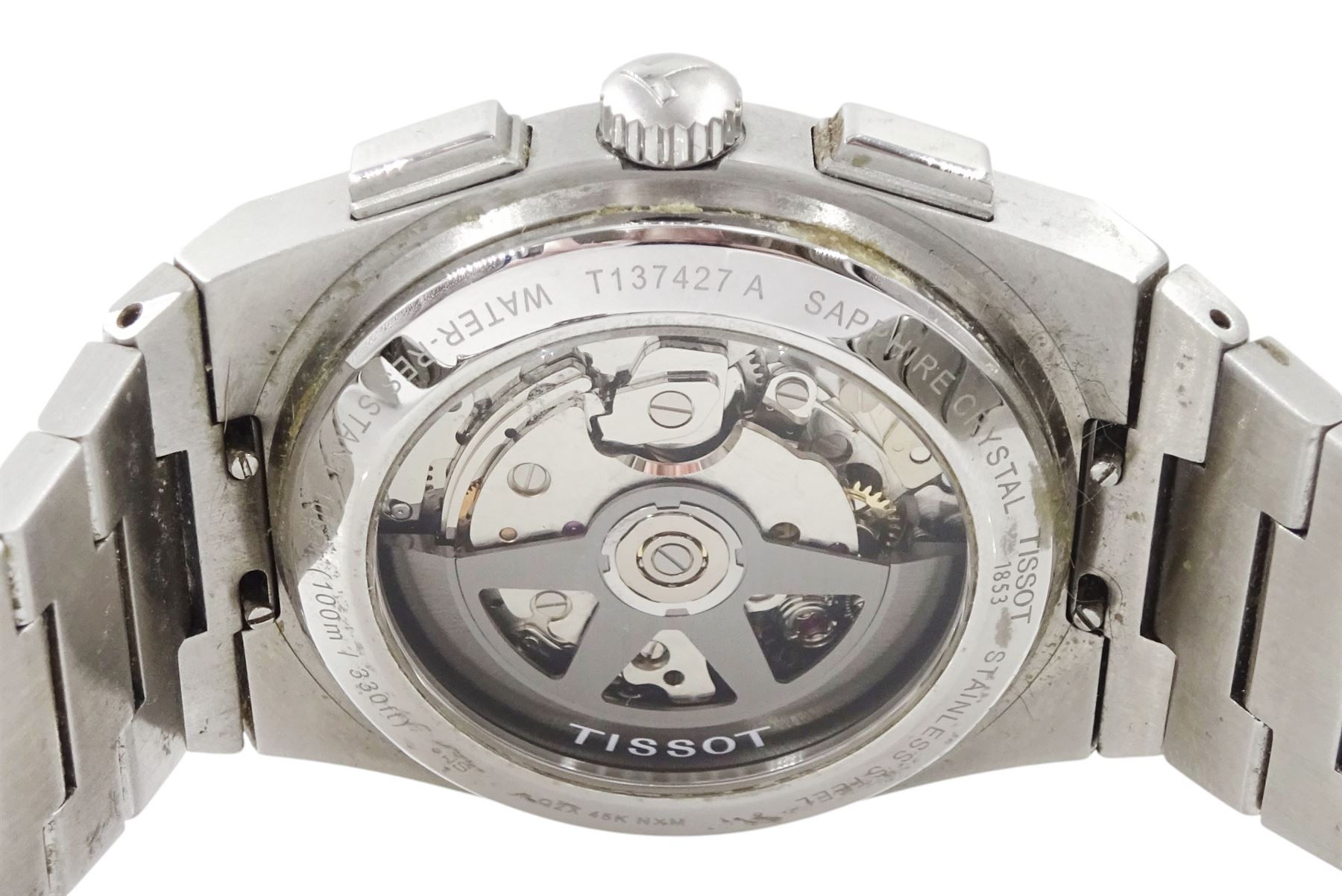 Tissot PRX gentleman's stainless steel automatic chronograph wristwatch, Ref. T137.427.11.011.00, silvered white dial with black subsidiary dials and date aperture, on stainless steel bracelet, boxed with additional links and invoice dated 2022