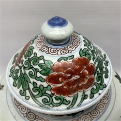 19th century Chinese Wucai vase and cover, decorated  with peacock on blue rockwork and other birds flying amongst tree peonies, H43cm