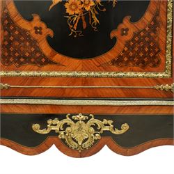 Late Victorian floral marquetry and ormolu mounted side cabinet, with white marble top above a frieze of floral inlay, single cupboard door revealing a shelved interior, with central floral bouquet panel within gilt-bronze border, flanked by gilt metal mounts of female masks and scrolls, on shaped plinth base