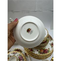 Royal Albert Old Country Roses pattern tea wares, comprising coffee pot, jug and sugar bowl, cake stands, napkin rings, teacups and saucers, side plates, dessert plates, small plates, all with printed marks beneath